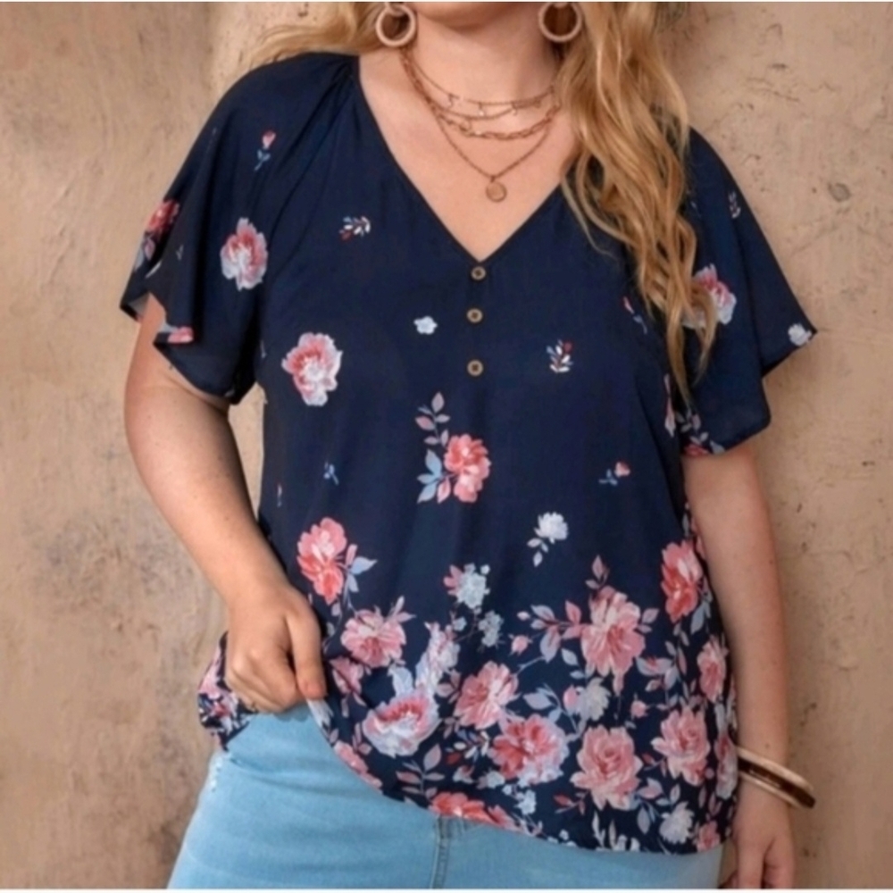 Navy Floral V-Neck Button Front Women's Top